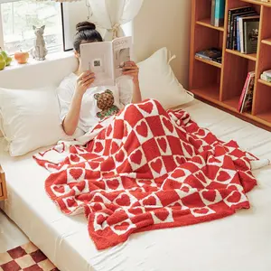 Popular Heart-Patterned Checkered Half- Throw Blanket for Sofa, 1pc