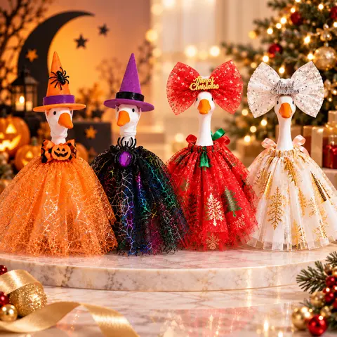 7 inch Desk Goose 4Pcs Holiday Tutu Outfit Set, Halloween Witch Pumpkin & Christmas Red White Tulle Skirt with Bow, Dress-Up Accessories for Desk Goose Figurine, Table Home Decoration Gift