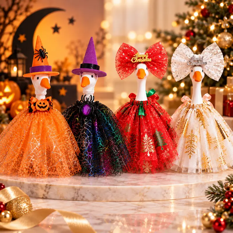 7 inch Desk Goose 4Pcs Holiday Tutu Outfit Set, Halloween Witch Pumpkin & Christmas Red White Tulle Skirt with Bow, Dress-Up Accessories for Desk Goose Figurine, Table Home Decoration Gift