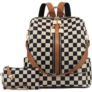 Checkered Backpack Purse for Women Plaid Back Pack Purses Leather Backpack Bags Handbags for Travel Work (Brown)