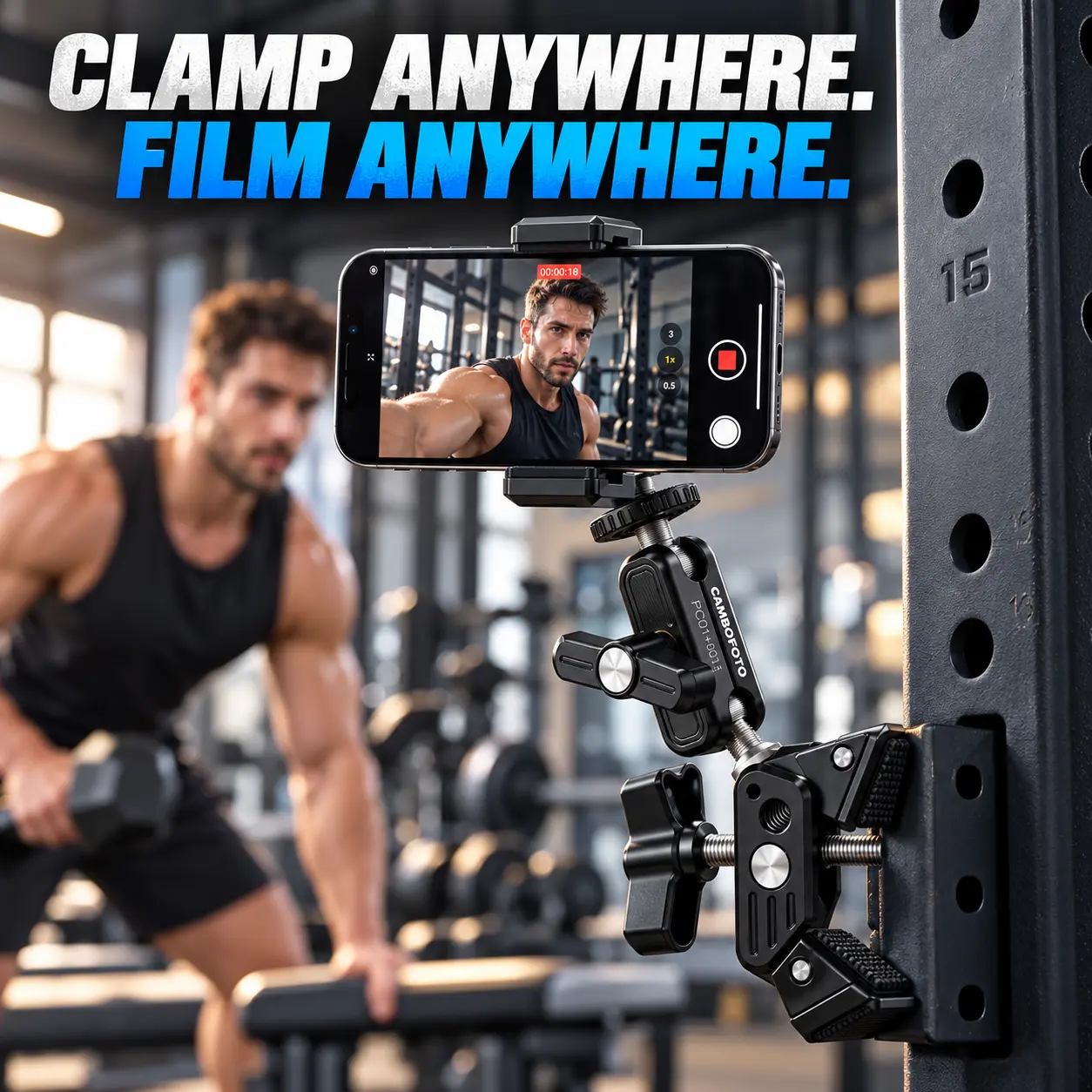 Heavy Duty Metal Super Clamp with Phone Holder, Strong Grip Camera Desk Clamp Mount for Gym Equipment, Car, Bike, Kitchen, Content Creators