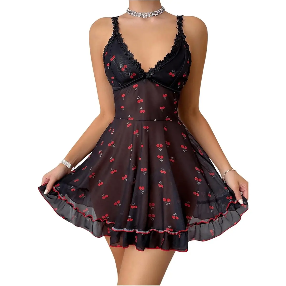Women's Cherry Print Lace Trim Ruffle Hem Cami Nightdress Sleeveless Nightgowns Sleepwear Fabric Loungewear Womenswear Style Comfort Homewear