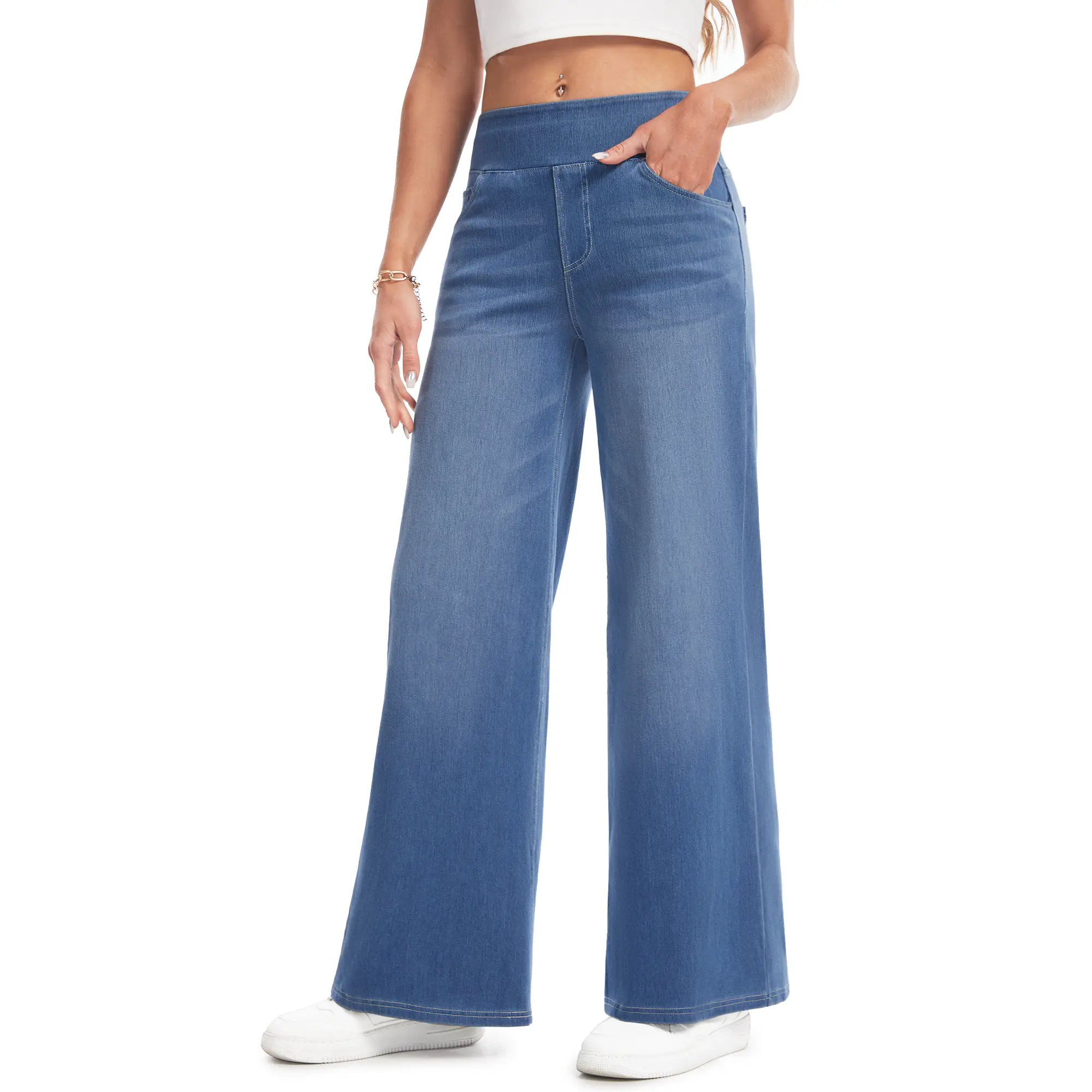 YUCOLEN Wide Leg Stretchy Jeans for Women Loose Fit Elastic High Waist Pants Pull On Baggy Fit Jeans Tummy Control Trousers Casual Work Wear (Regular Inseam)