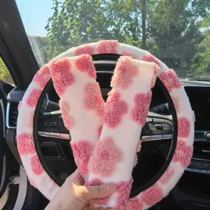 Furry Stylish Steering Wheel Cover with Seat Belt Plush 3 PieceCover Set , Cute Car Decor, Car Accessories