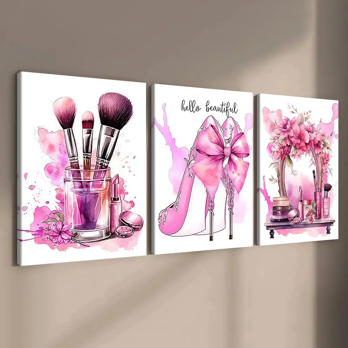 3 count wooden frame canvas, Pink beauty fashion Art poster, Fine women's room poster, Stylish bedroom Decoration, Modern Art home Decoration, Living Room and Corridor wall Decoration, Above bed wall decor, HD, waterproof, Art, Artwork