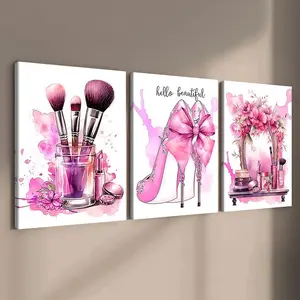 3 count wooden frame canvas, Canvas Prints, Pink beauty fashion Art poster, Fine women's room poster, Stylish bedroom Decoration, Modern Art home Decoration, Living Room and Corridor wall Decoration, HD, waterproof, Art
