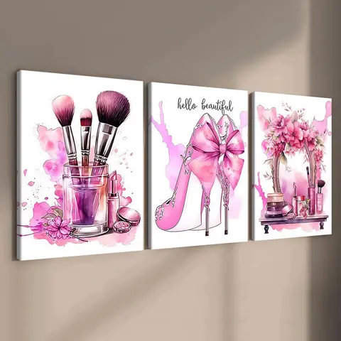 3 count wooden frame canvas, Pink beauty Art poster, Creative Design Print, Aesthetic Girly Art, women's room poster, bedroom, living room, corridor & above bed wall decoration, HD, waterproof, Art, Artwork, Decoration Items, Room Decorations