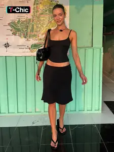 Women's Two-piece Basic Solid Color Sleeveless Cami Top & Bodycon Midi Skirt Set, Plain Backless Camisole Crop Tank Top & Skirt Outfit, Elegant Party Club Date Holiday Outfit, Ladies' All Seasons Daily Casual Suit, Summer Clothing