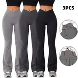 3PCS Women's Cross Waist Flared Leggings with Pockets Women's Flared Sweatpants Fitness Leggings Butt Lifting Fitness Yoga Leggings Track Pants Grey Sweatpants Women Streetwear Exercise Pants Activewear Outdoor   Dance Leggings