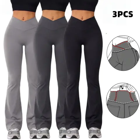 3PCS Women's Cross Waist Flared Leggings with Pockets Women's Flared Sweatpants Fitness Leggings Butt Lifting Fitness Yoga Leggings Track Pants Grey Sweatpants Women Streetwear Exercise Pants Activewear Outdoor   Dance Leggings