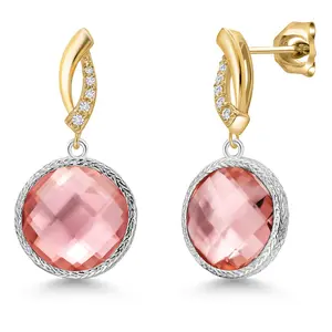 Gem Stone King 925 Silver and 10K Yellow Gold Pink Nano Morganite and Lab Grown Diamond Dangle Earrings for Women | 13.50 Cttw | Gemstone October Birthstone | Round 10MM