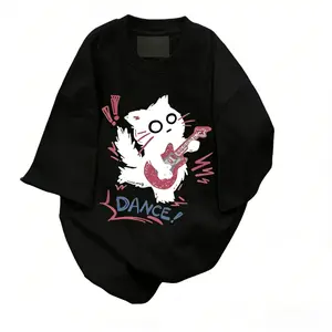 Cute Punk Cat Guitar Printed Short Sleeve T-Shirt Summer Oversized Graphic Tees Harajuku Vintage Aesthetic Baggy Top for Men & Women Casual Breathable Cotton Blend Trendy Fashionable Design Comfortable Wear All Day Long