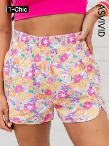 Women's Boho Floral Print Shirred High-waisted Shorts, Cute Casual Chic for Summer , Ladies Summer Bottom Clothes for Daily Wear, Womenswear