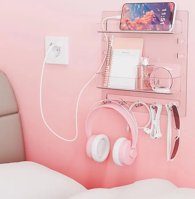 Bedside Shelf for Dorm Bed,Rv,Small Room and Nightstand,Wall Mounted Floating Shelves and Bedside Wall Organizer for Remote,Phone Holder,Charging Shelf,Cute Bedroom Decor for College
