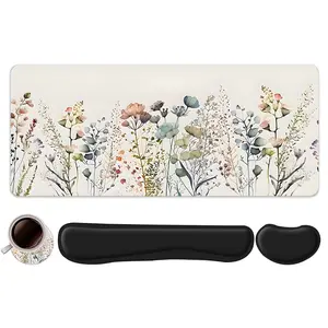4pcs Wildflower Botanical Design Mouse Pad + Keyboard Wrist Rest + Ergonomic Mouse Pad + Coaster Set, Gaming Mouse Pads For Desktop Decoration, Office Accessories Set Ergonomic Wrist Support, Suitable For Home Office Gaming, Desktop Accessory