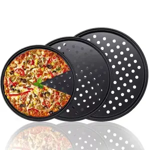 Commercial Heavy-Duty Carbon Steel Pizza Baking Tray, Bakeware, Large Medium Small Round with Drain Holes, Oven BBQ Grill Essential