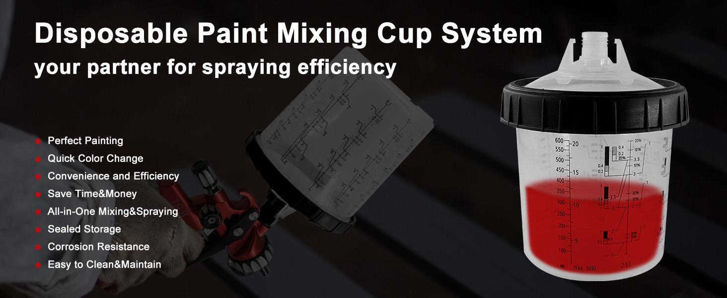 RRJ One-time Paint Cup Set, suitable for HVLP/LVLP spray guns. Available in capacities of (800/600/200 milliliters selectable). Includes: 50 cups + lids, 1 hard cup with scale and ring, adapter, paint stirrer, high-capacity mode adjustment device. Sprayer