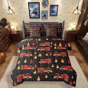 Fire Truck 7-Piece Bedding Set for Boys,Cartoon Red Firemen Car Comforter Set with Sheets for Firefighter Room Decor,Black and Red Bed in A Bag,Fire Engine Bed Sets