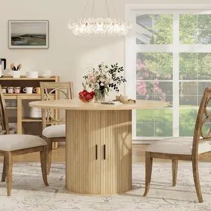 47 Inch Modern Farmhouse Round Dining Table with Hidden Storage, Pedestal Base Circular Dinner Table Seats 4-6 People, Space-Saving Wooden Dining Table for Kitchen Dining Room