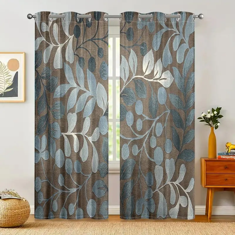 Leaf Print Curtain, 2 Counts/set Modern Simple Semi-transparent Door Curtain, Home Decorative Curtain for Living Room Bedroom Kitchen Study Room Bathroom, Home Decoration Curtain, Semi Sheer Curtain