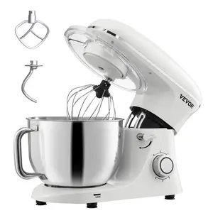 VEVOR Stand Mixer, 6 QT Dough Mixer, 660W 6 + P Speeds Tilt-head Food Mixer with Stainless Steel Bowl, Dough Hook, Wire Whip, Flat Beater, Scraper, Household Stand Mixer for Baking & Mixing, White