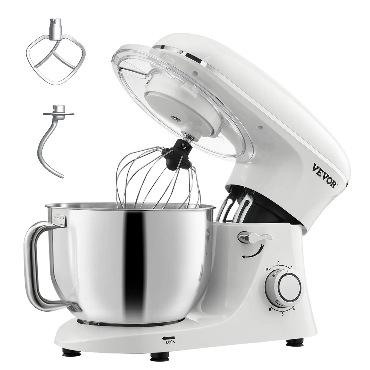 VEVOR Stand Mixer, 6 QT Dough Mixer, 660W 6 + P Speeds Tilt-head Food Mixer with Stainless Steel Bowl, Dough Hook, Wire Whip, Flat Beater, Scraper, Ho