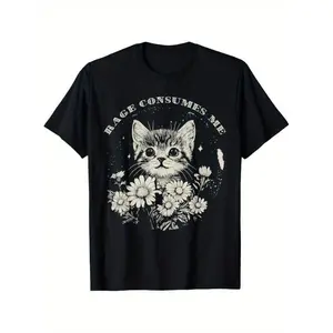 Tee [Funny Cat T-Shirt] Soft Cotton Funny Cat Graphic T-Shirt - 'Rage Consumes Me' Sarcastic Kitten & Flower Design