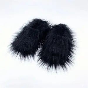 Fuzzy Slides Luxury Fur Slippers Women Open Toe Raccoon Fur Slides Woman Shoes Women Flat Half Slippers