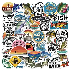 50pcs Fishing Stickers Pack, Waterproof Bass Fish & Outdoor Angler Decals for Laptop, Water Bottle, Luggage, Tackle Box & Skateboard, Fisherman Gift