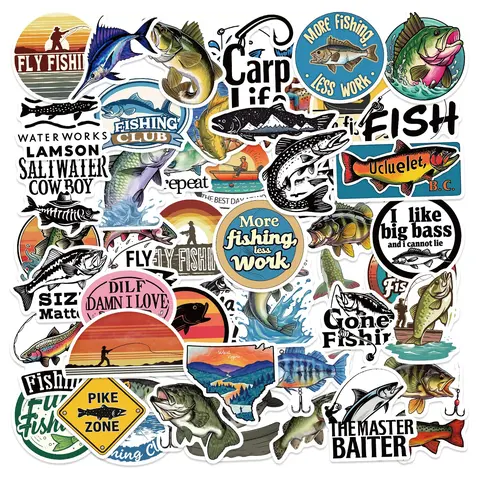 50pcs Fishing Stickers Pack, Sticker Set, Adhesive Stickers, Crafts, Sticker Haul, Waterproof Bass Fish & Outdoor Angler Decals for Laptop, Water Bottle, Luggage, Tackle Box & Skateboard, Fisherman Gift