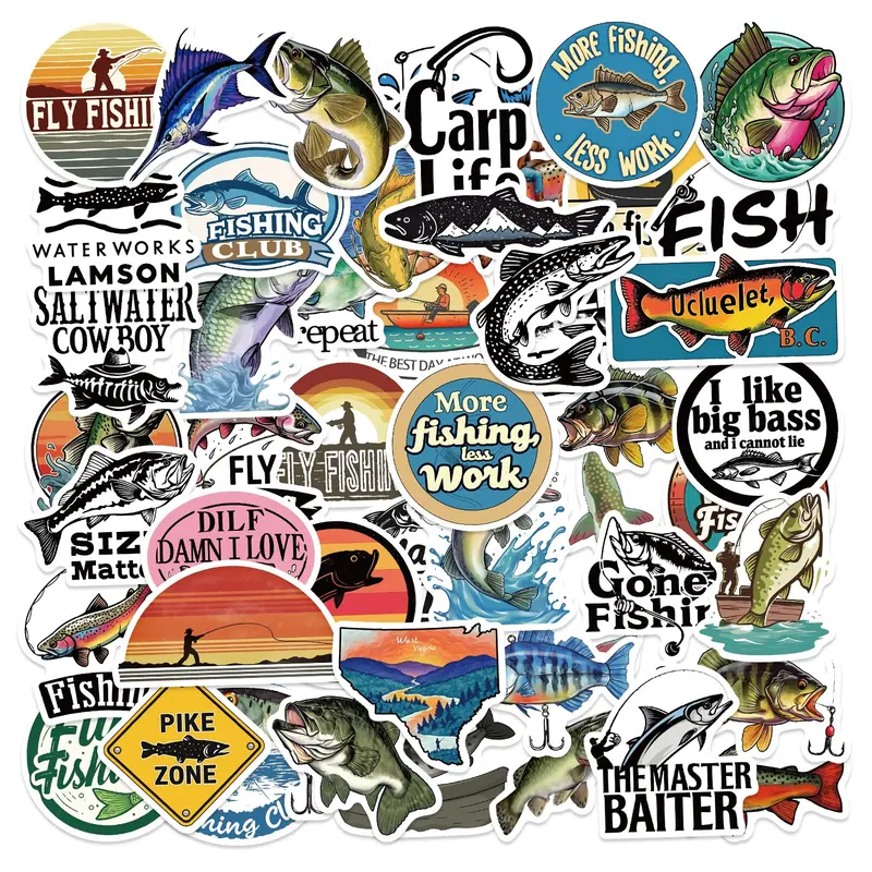 50pcs Fishing Stickers Pack, Sticker Set, Adhesive Stickers, Crafts, Sticker Haul, Waterproof Bass Fish & Outdoor Angler Decals for Laptop, Water Bottle, Luggage, Tackle Box & Skateboard, Fisherman Gift