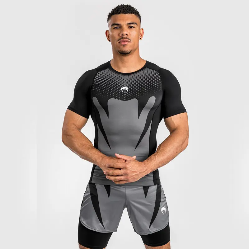 Men's Graphic Compression Set - Short Sleeve 4-Way Stretch Rash Guard and Leggings, Moisture-Wicking Athletic Training Apparel for Grappling, High Performance Activewear, Stretchable Activewear