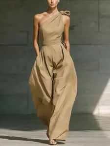 2026 New European Women's Summer High-End Versatile Elegant, Suitable for Commuting, Casual Outing, Loose Sleeveless Asymmetrical Shoulder Waist Tie Front Overall Pants