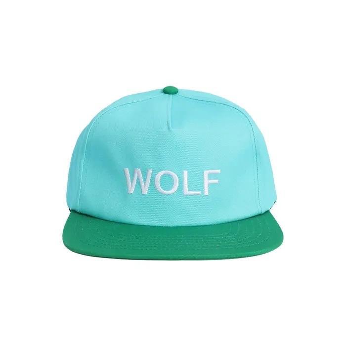 Wolf Gulf Of America Leather Patch Hat Light Blue with Green Brim Simple Design Adjustable Fit Minimalist Aesthetic Versatile Accessory