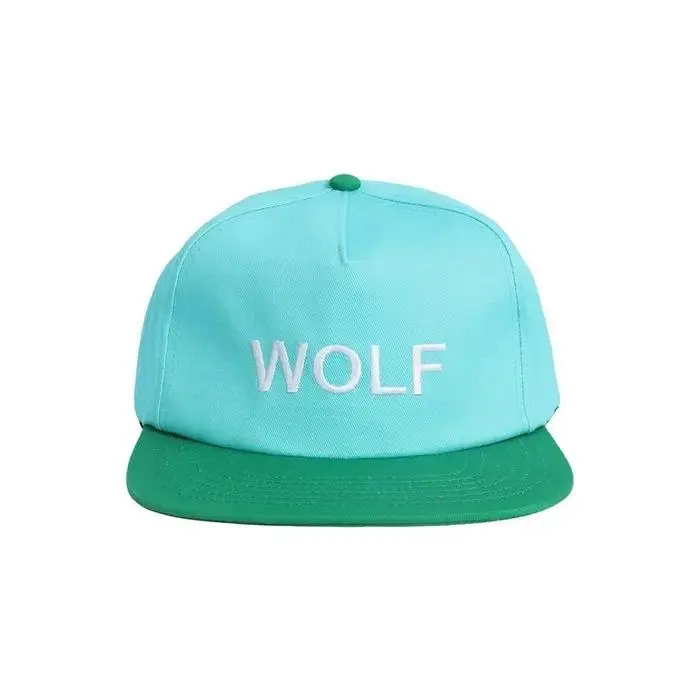 Wolf Gulf Of America Leather Patch Hat Light Blue with Green Brim Simple Design Adjustable Fit Minimalist Aesthetic Versatile Accessory