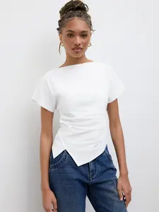 Cider Cotton-blend Boat Neck Ruched Asymmetrical Hem Tee