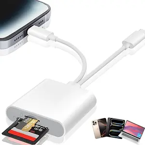 iPhone memory card reader with a USB camera adapter, supporting SD, TF, and micro SD cards. This plug-and-play device works with iPads and trail game cameras without needing any apps.