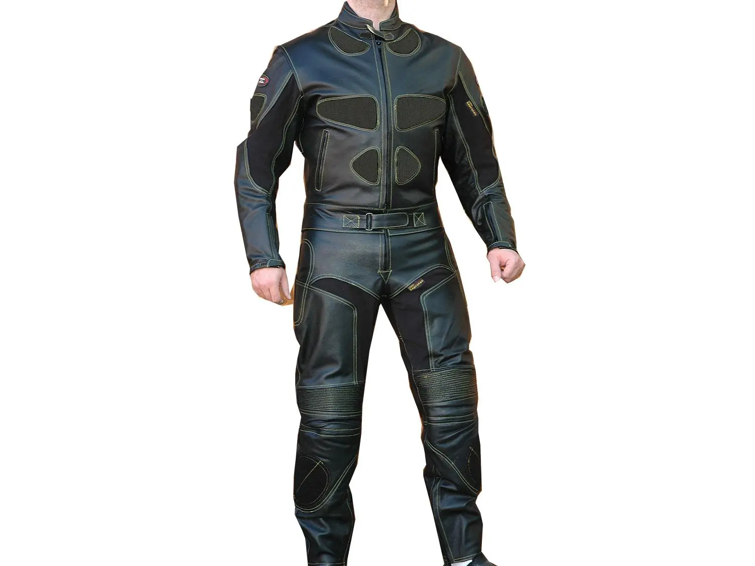 Shelter 337-52 52 Size Cowhide Leather 2-Piece Motorcycle Racing Suit, 3M Scotchlight Technology, Abrasion Resistance, Cloth Hook and Eyes, Non-Removable Hip Pads, One Inside Chest Pocket