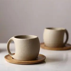 [1pc Ceramic Mug] 1pc Ceramic Coffee Mug with Wooden Saucer| Microwave & Dishwasher Safe, Reusable & Recyclable, Perfect for Tea, Coffee, or Hot Beverages