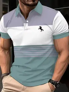 Men's Digital Print Round Neck Short Sleeve Polo Shirts Quick-Dry Breathable Polyester Fabric, Casual Fitted Design, All Seasons Wear