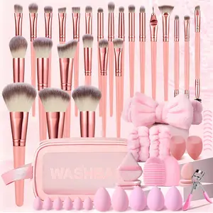 61-Piece Complete Travel Makeup Kit, 25pcs Pink Multifunctional Make up Brushes Kit with Washbag, Large & Mini Sponges, Makeup Puff, Headband & Wristbands, Cleaning Brush Tools, Eye Tools, Makeup Tools Set Suitable for Women Gifts