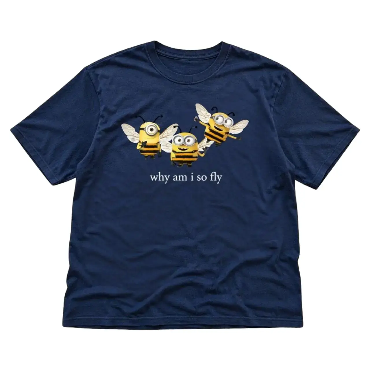 Funny Minion Bee "Why Am I So Fly" Graphic Tee, Cute Minibee Cartoon Movie Graphic Tee, Gildan Heavy Cotton Casual Top