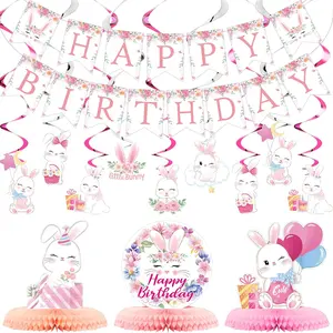 Easter Bunny Birthday Party Decorations Kit - 26 Pcs with Bunny Banner, Honeycomb Centerpiece, Rabbit Hanging Swirls Cutouts for Shower Party Supplies