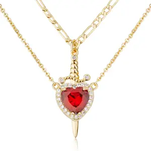 MEIITRUE 14K Gold Plated Heart Pendant Necklaces for Women Men, Zirconia Dagger Cross Pendant Necklace, Elegant Jewelry Gift for Couples