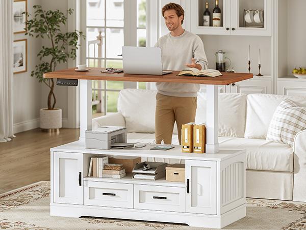 SEDETA 47.2" Electric Standing Coffee Table with Storage, Farmhouse Lift Top Coffee Table with Drawers and Open Shelves, Height Adjustable Tables with Power Outlet, for Living Room