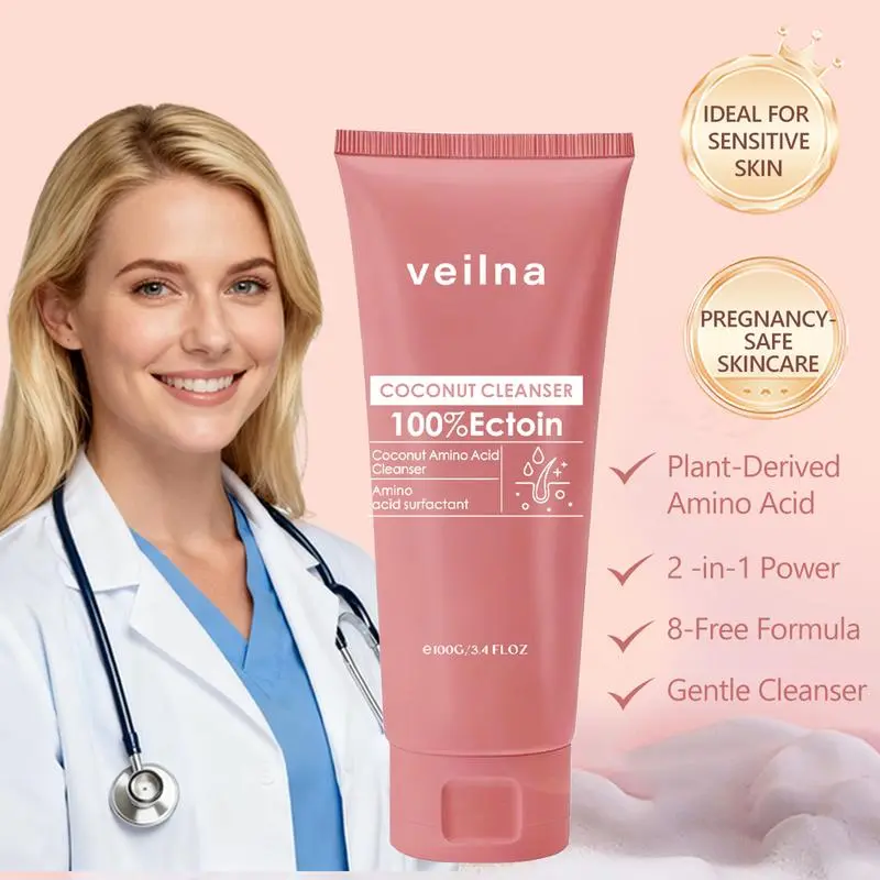 Veilna Coconut Amino Acid Facial Cleanser - 2-In-1 Gentle Soothing Cleansing Cream, Plant-Derived Amino Acid, 100% Ectoin, Pregnancy-Safe, For Sensitive Skin Types, Facial Wash