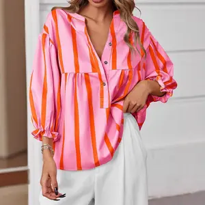 Women's Puff Sleeve Peplum Babydoll Top Striped V-Neck Button Blouse Soft Boho Look Loose Fit & Flowy Shirt For Everyday Wear Spring Summer Beach Vacation Wear