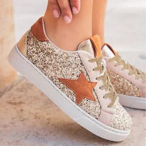 Women's Gold Glitter Star Sneakers All Over Sequin Low Top Lace Up Trainers, Sparkly Bling Fashion Walking Shoes, Suede Patchwork Party Tennis Shoes