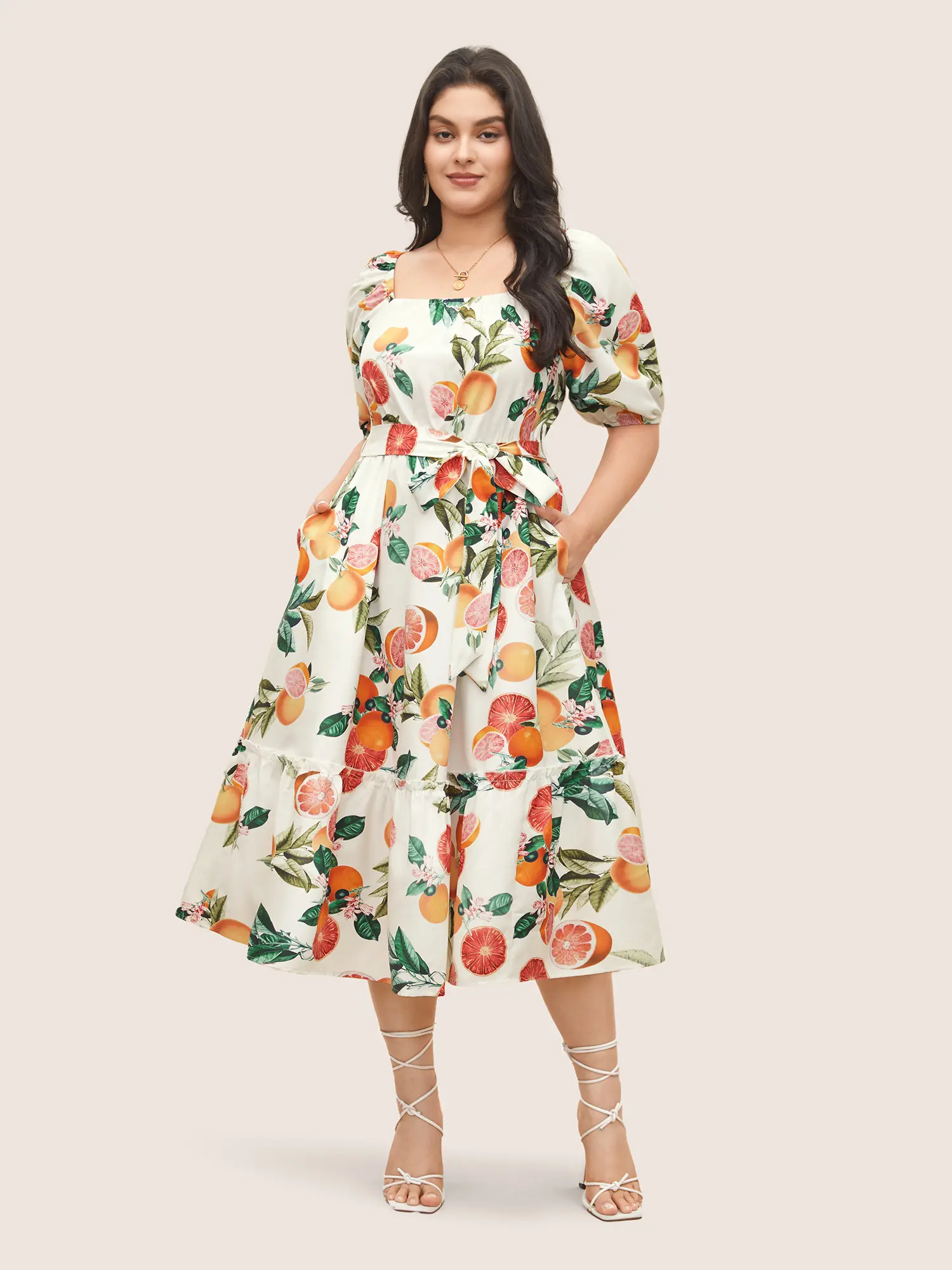 【Pocket Approved】 BLOOMCHIC Citrus Orange Print Belted Frill Trim Gathered Dress Casual Fit Swimweek, Summerfinds