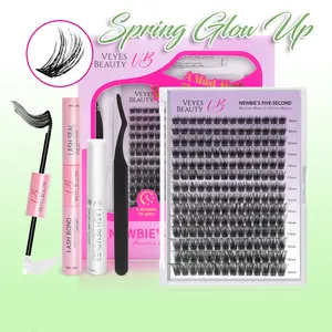 VEYESBEAUTY Dreamy Cluster Lashes Kit Individual Lash Extensions With Bond & Seal+ Tweezer Newbie's Five-Second DIY Dramatic Volume Eyelash Wispy Faux Mink Lash Mixed Length Tray for Self Application at Home Makeup Cosmetic